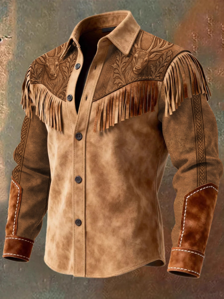 Men's Retro Western Style Art Print Vintage Tassel Casual Long Sleeve Shirt